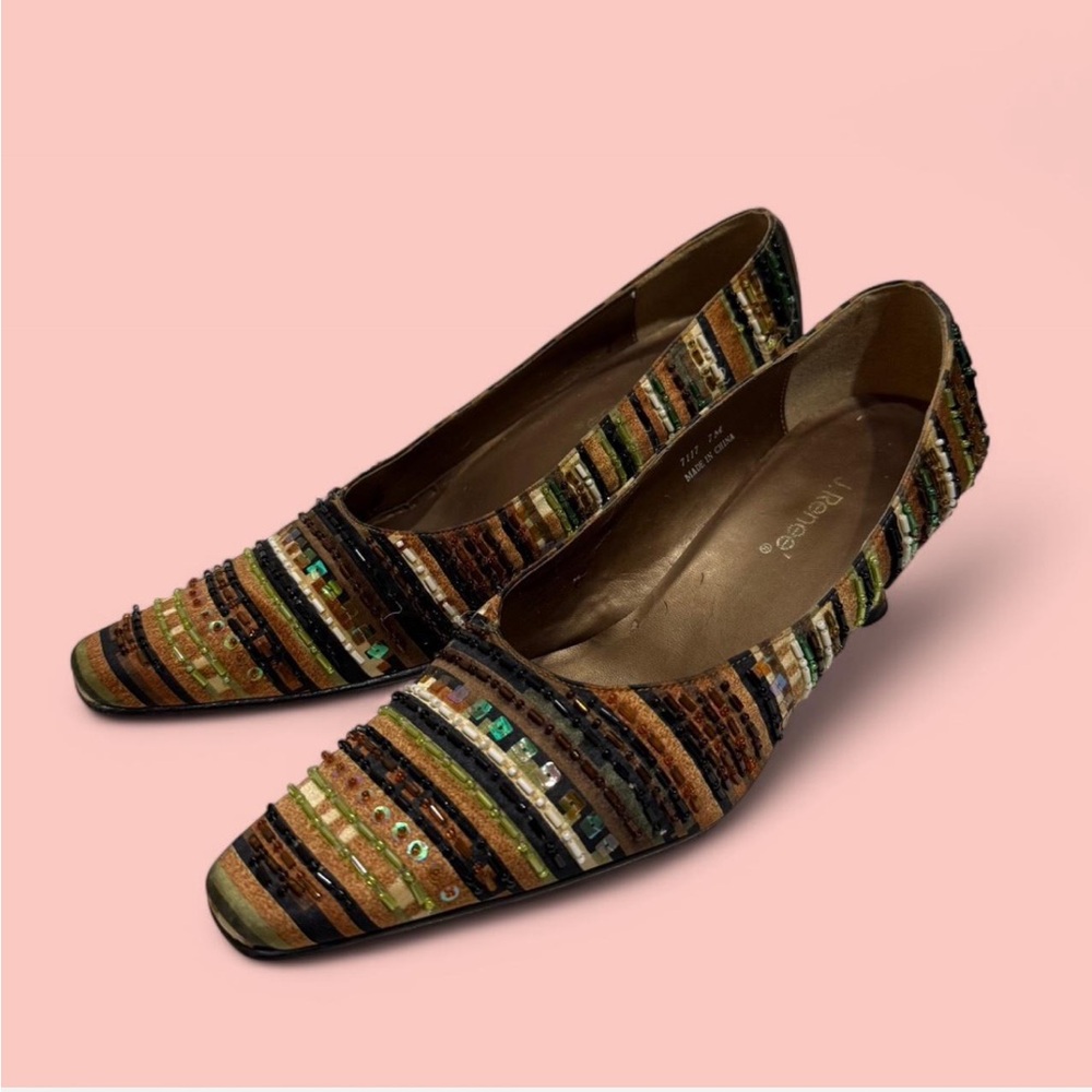 Brown and Green Striped Heels with Pointed Toe